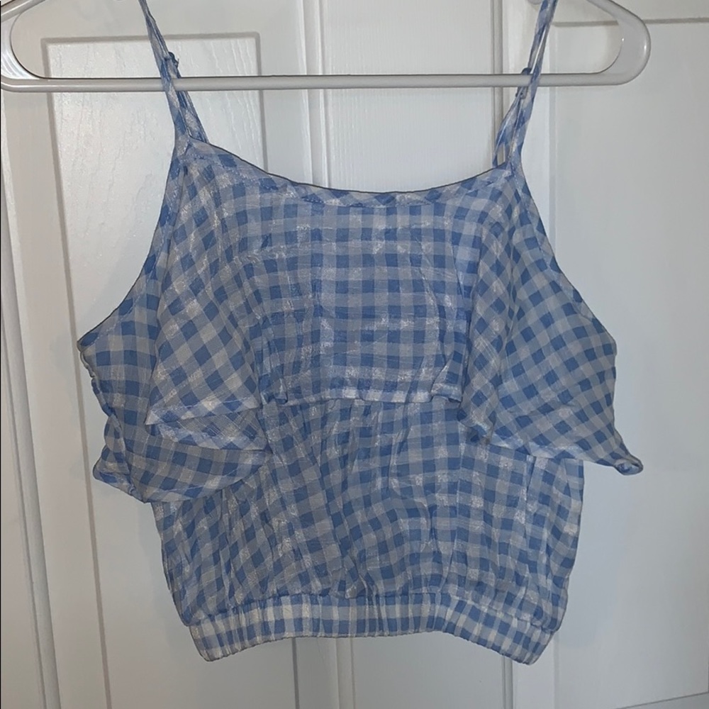 Blue and white checkered ruffle crop top